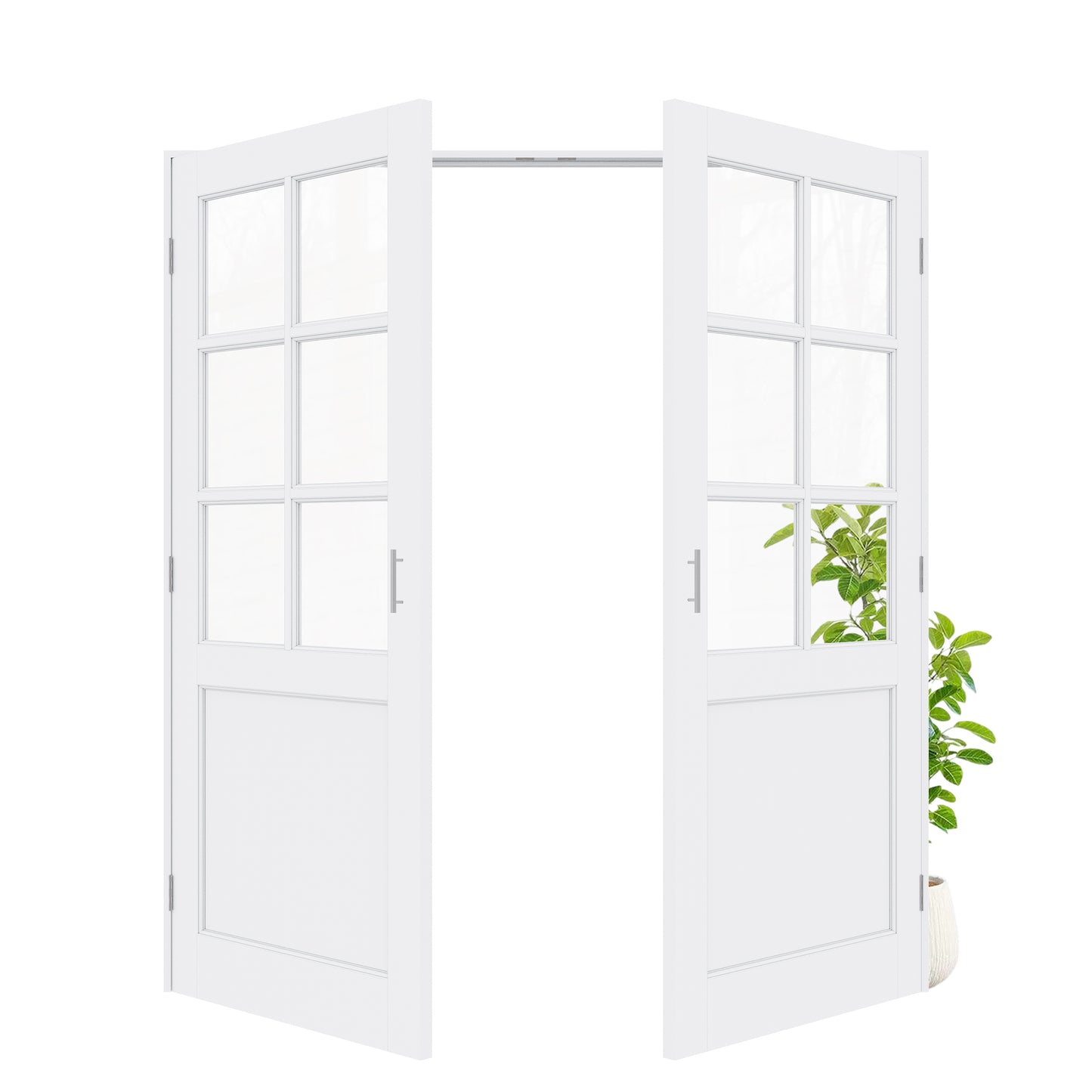 Jujubon 6-Lite Clear Glass White Solid Core Finished Glass French Door Panels with Silver Ball Catch, with Ready-to-Assemble Jamb