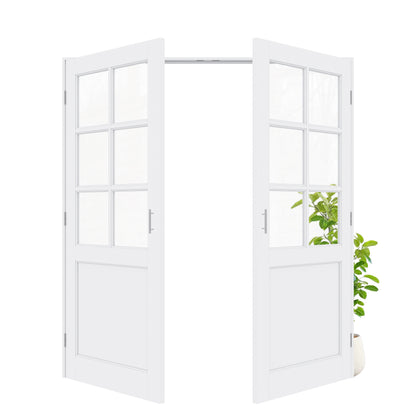 Jujubon 6-Lite Clear Glass White Solid Core Finished Glass French Door Panels with Silver Ball Catch, with Ready-to-Assemble Jamb