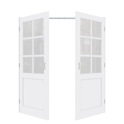 Jujubon 6-Lite Frosted Glass White Solid Core Finished Glass French Door Panels with Silver Ball Catch, with Ready-to-Assemble Jamb