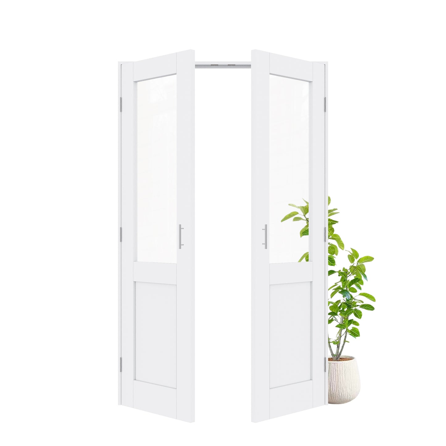 Jujubon Half-Lite Clear Glass White Solid Core Finished Glass French Door Panels with Silver Ball Catch, with Ready-to-Assemble Jamb