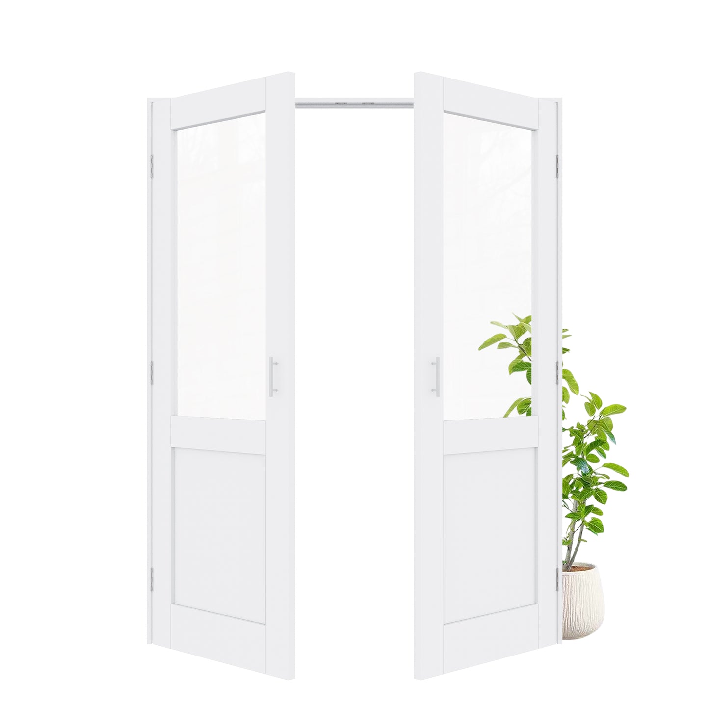 Jujubon Half-Lite Clear Glass White Solid Core Finished Glass French Door Panels with Silver Ball Catch, with Ready-to-Assemble Jamb