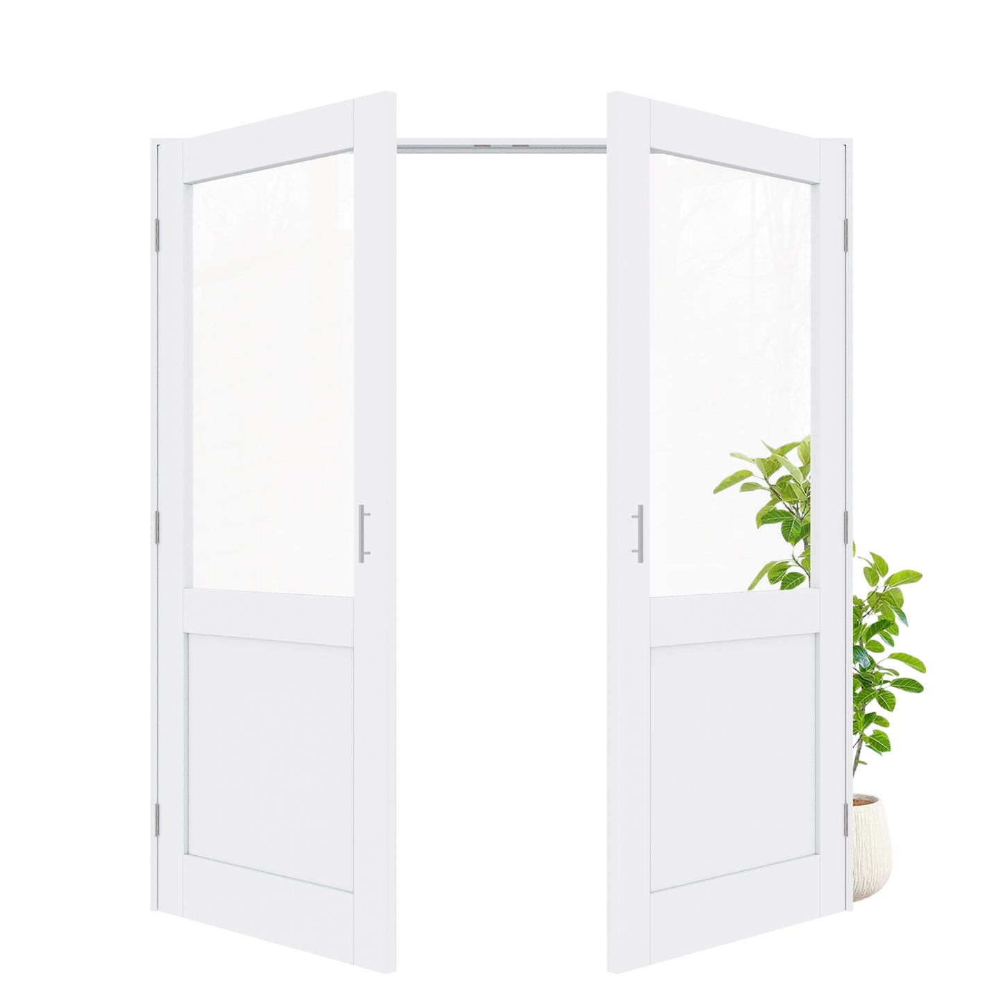 Jujubon Half-Lite Clear Glass White Solid Core Finished Glass French Door Panels with Silver Ball Catch, with Ready-to-Assemble Jamb