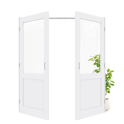 Jujubon Half-Lite Clear Glass White Solid Core Finished Glass French Door Panels with Silver Ball Catch, with Ready-to-Assemble Jamb