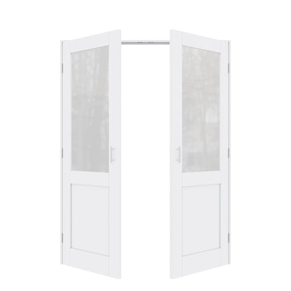 Jujubon Half-Lite Frosted Glass White Solid Core Finished Glass French Door Panels with Silver Ball Catch, with Ready-to-Assemble Jamb