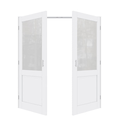 Jujubon Half-Lite Frosted Glass White Solid Core Finished Glass French Door Panels with Silver Ball Catch, with Ready-to-Assemble Jamb