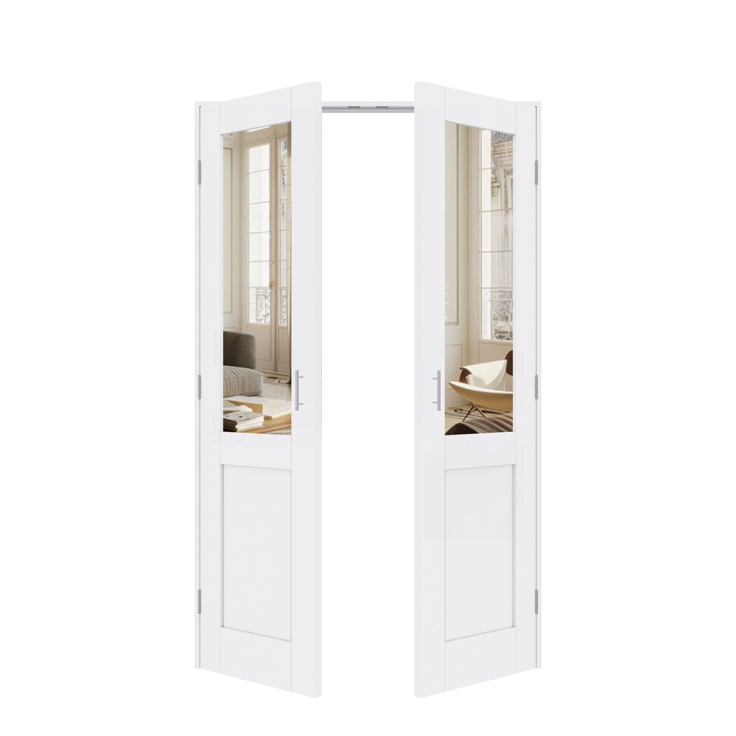 Jujubon Half-Lite Mirror White Solid Core Finished Glass French Door Panels with Silver Ball Catch, with Ready-to-Assemble Jamb
