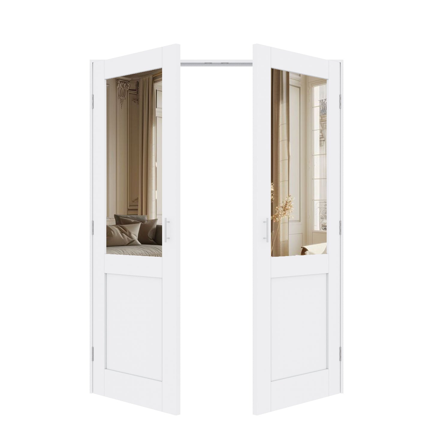 Jujubon Half-Lite Mirror White Solid Core Finished Glass French Door Panels with Silver Ball Catch, with Ready-to-Assemble Jamb