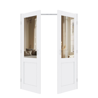 Jujubon Half-Lite Mirror White Solid Core Finished Glass French Door Panels with Silver Ball Catch, with Ready-to-Assemble Jamb