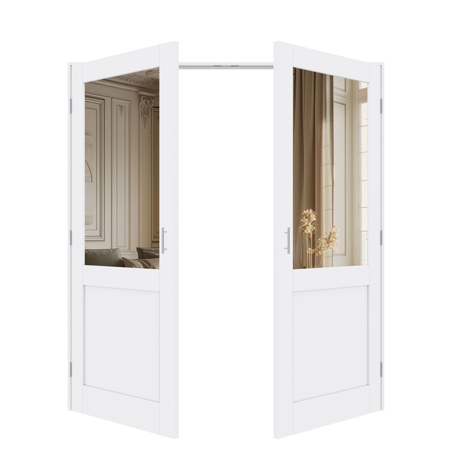 Jujubon Half-Lite Mirror White Solid Core Finished Glass French Door Panels with Silver Ball Catch, with Ready-to-Assemble Jamb