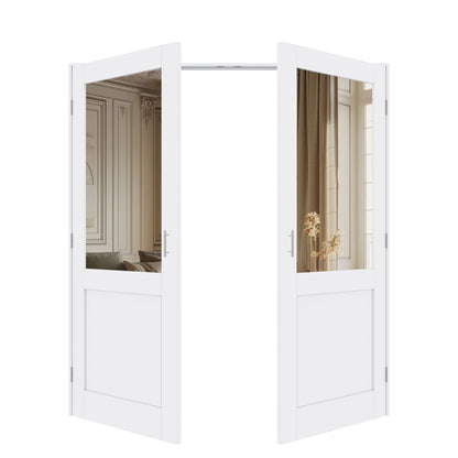 Jujubon Half-Lite Mirror White Solid Core Finished Glass French Door Panels with Silver Ball Catch, with Ready-to-Assemble Jamb