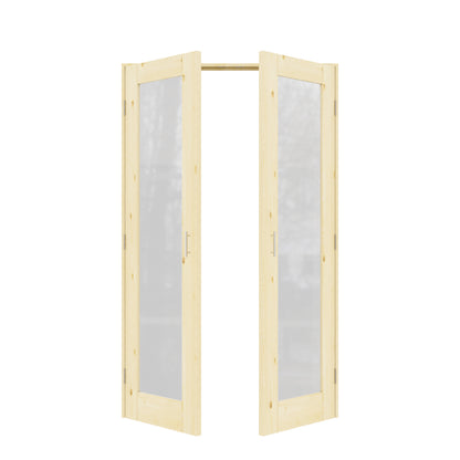 Jujubon 1-Lite Frosted Glass Pine Wood Solid Core Finished Glass French Door Panels with Silver Ball Catch, with Ready-to-Assemble Jamb