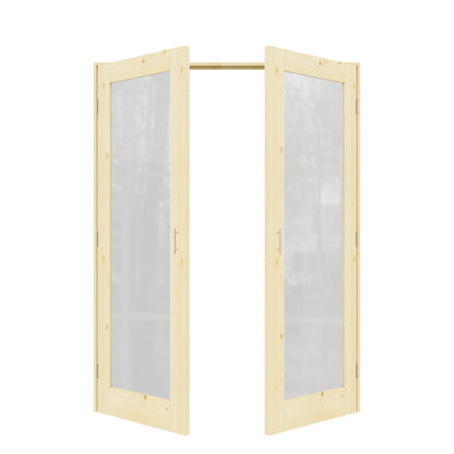 Jujubon 1-Lite Frosted Glass Pine Wood Solid Core Finished Glass French Door Panels with Silver Ball Catch, with Ready-to-Assemble Jamb