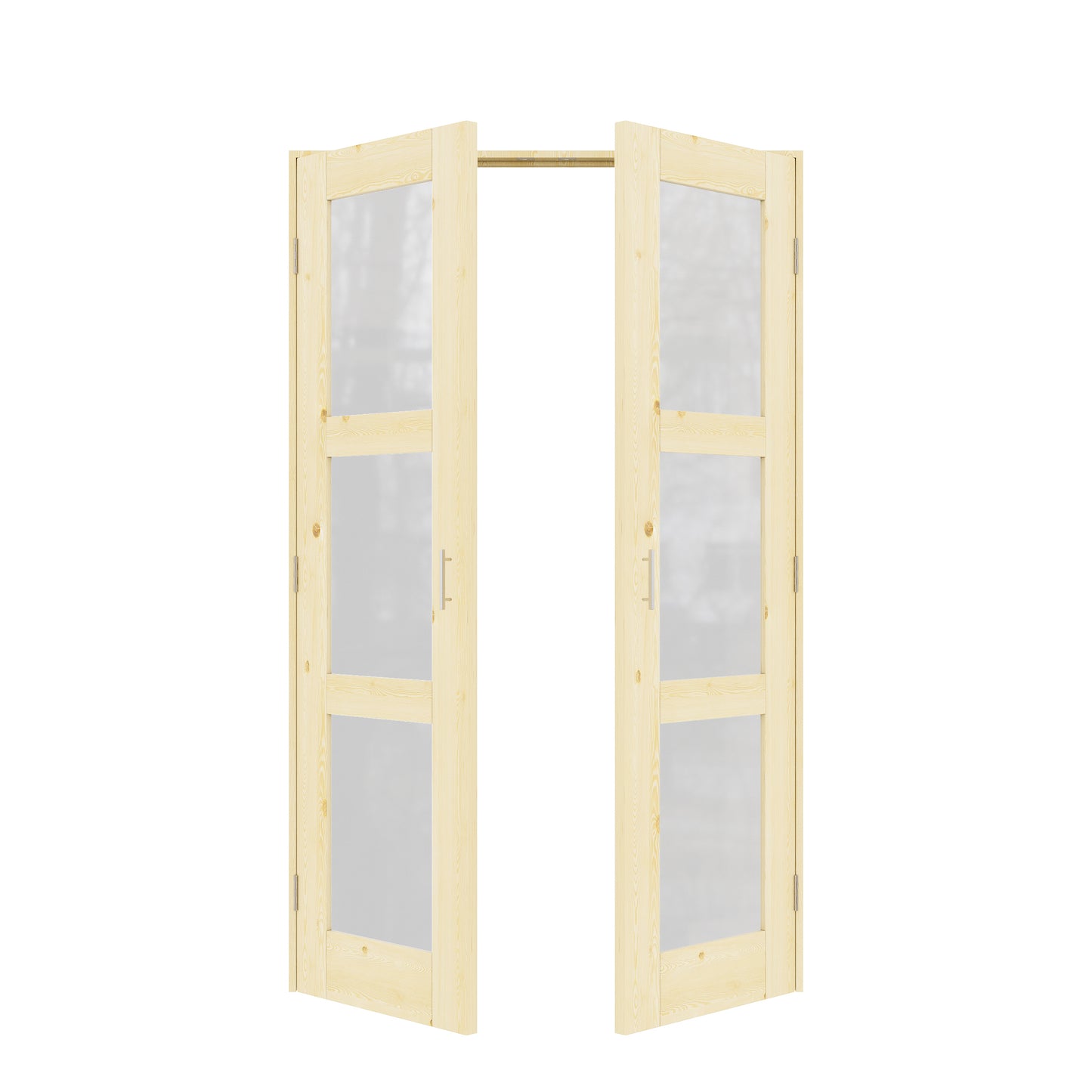 Jujubon 3-Lite Frosted Glass Pine Wood Solid Core Finished Glass French Door Panels with Silver Ball Catch, with Ready-to-Assemble Jamb