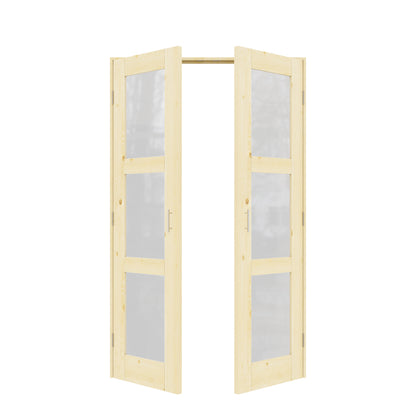 Jujubon 3-Lite Frosted Glass Pine Wood Solid Core Finished Glass French Door Panels with Silver Ball Catch, with Ready-to-Assemble Jamb