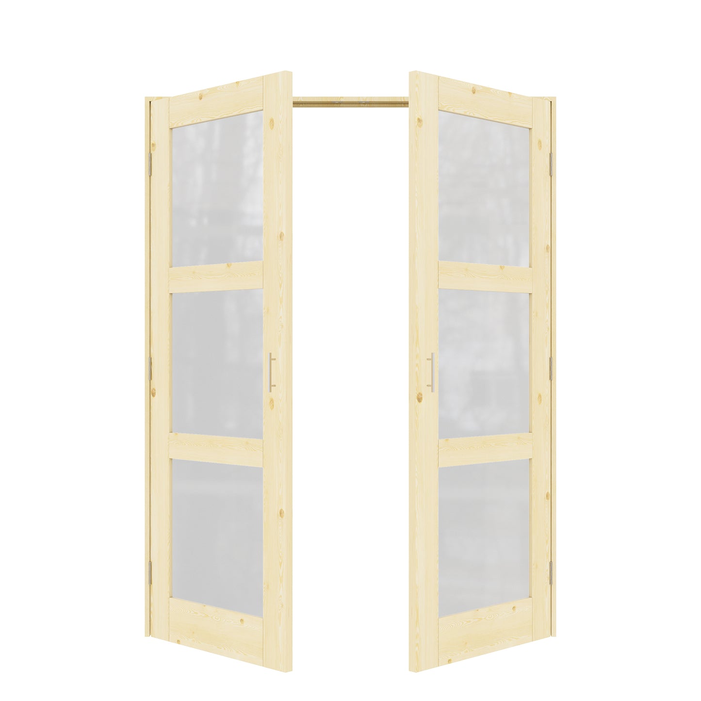 Jujubon 3-Lite Frosted Glass Pine Wood Solid Core Finished Glass French Door Panels with Silver Ball Catch, with Ready-to-Assemble Jamb