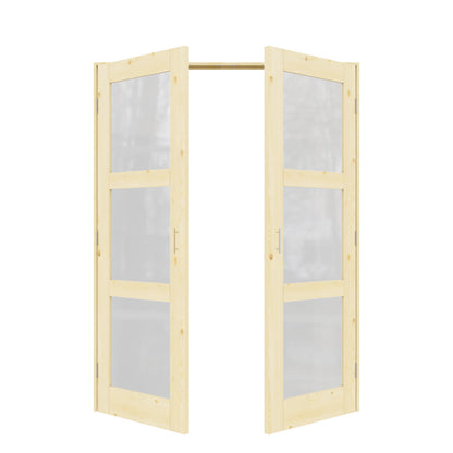 Jujubon 3-Lite Frosted Glass Pine Wood Solid Core Finished Glass French Door Panels with Silver Ball Catch, with Ready-to-Assemble Jamb