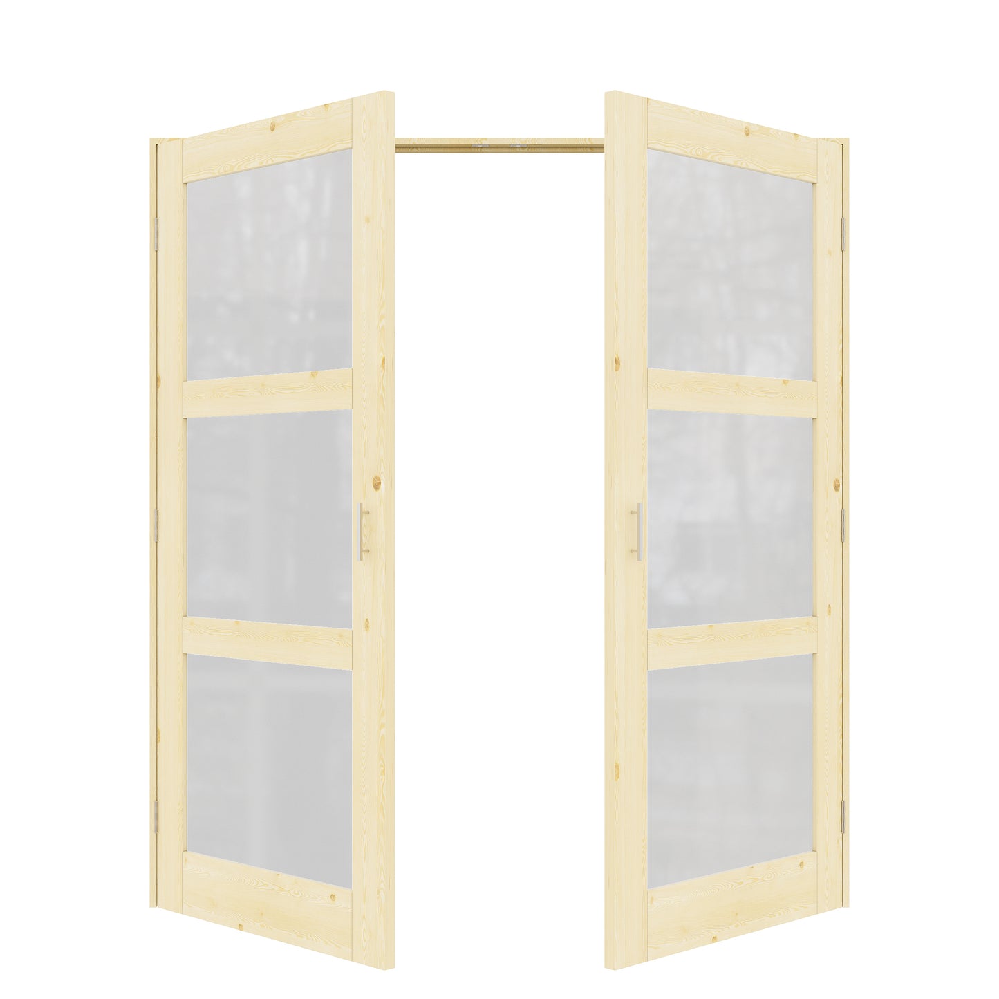 Jujubon 3-Lite Frosted Glass Pine Wood Solid Core Finished Glass French Door Panels with Silver Ball Catch, with Ready-to-Assemble Jamb