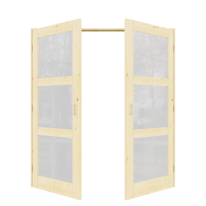 Jujubon 3-Lite Frosted Glass Pine Wood Solid Core Finished Glass French Door Panels with Silver Ball Catch, with Ready-to-Assemble Jamb