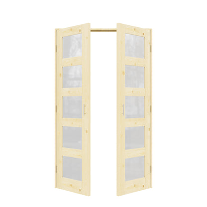 Jujubon 5-Lite Frosted Glass Pine Wood Solid Core Finished Glass French Door Panels with Silver Ball Catch, with Ready-to-Assemble Jamb
