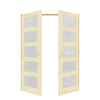 Jujubon 5-Lite Frosted Glass Pine Wood Solid Core Finished Glass French Door Panels with Silver Ball Catch, with Ready-to-Assemble Jamb