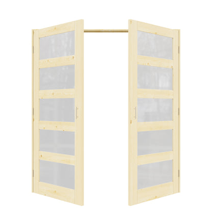 Jujubon 5-Lite Frosted Glass Pine Wood Solid Core Finished Glass French Door Panels with Silver Ball Catch, with Ready-to-Assemble Jamb