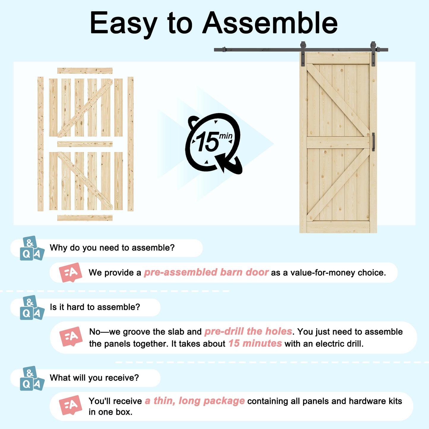 Barn Doors and Hardware Track Kit Included Handle, Unfinished, K-Design,Heavy Solid Anti-Scratch Solid Pine Wood, Wood Sliding Barn Door, Simple DIY Assembly, Easy to Install