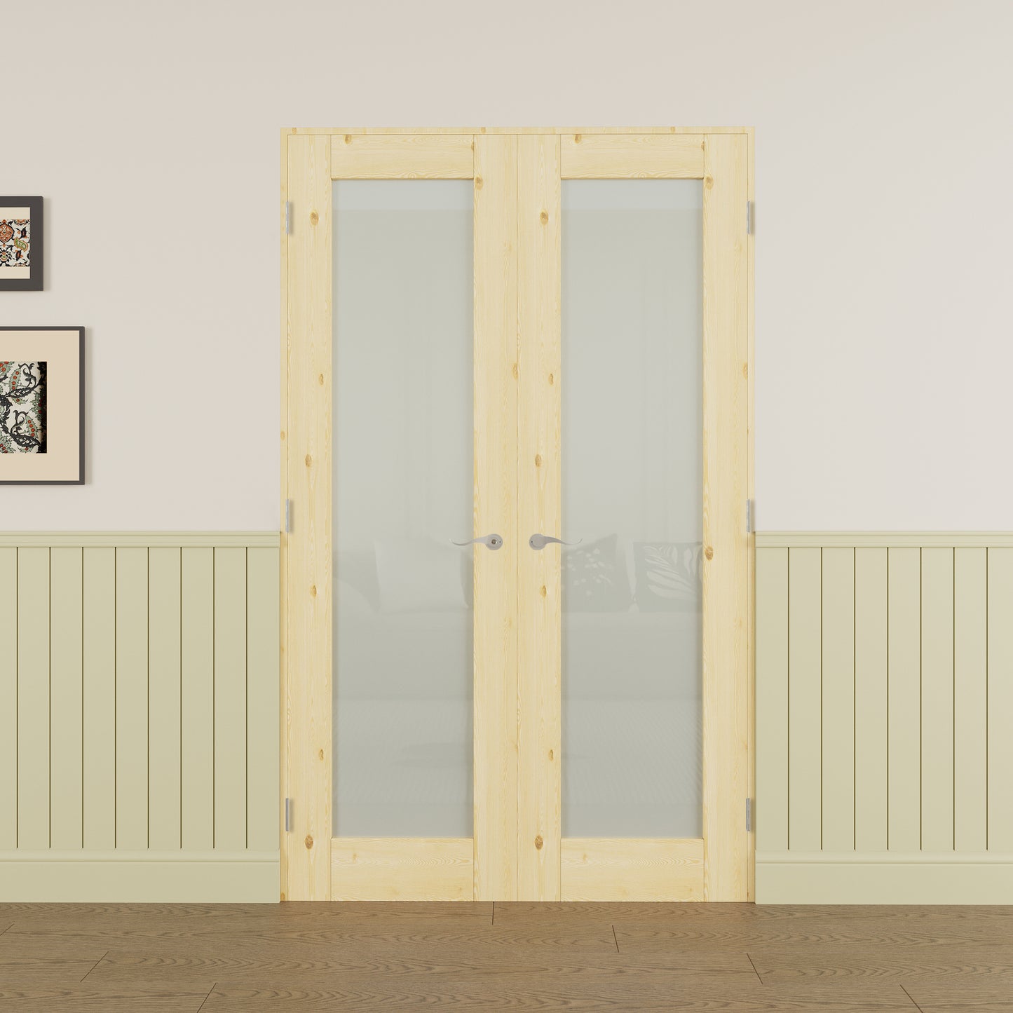 JUJUBON Prehung French Door, 1-Lite Tempered Frosted Glass & Pine Wood Panel with Sliver Handware Kits, 4 Levers & Latch, Solid Core Interior Doors, Uninished & Paintable Double Doors Interior