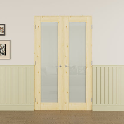 JUJUBON Prehung French Door, 1-Lite Tempered Frosted Glass & Pine Wood Panel with Sliver Handware Kits, 4 Levers & Latch, Solid Core Interior Doors, Uninished & Paintable Double Doors Interior
