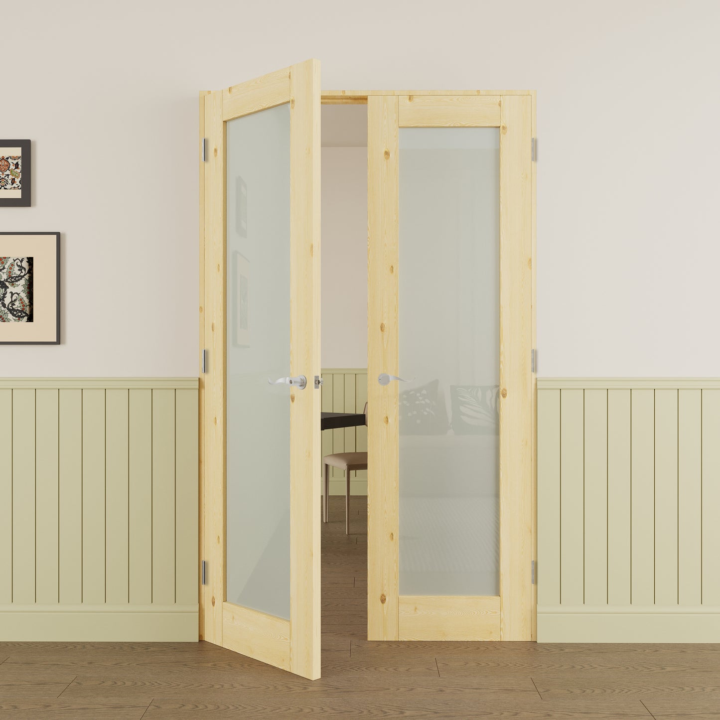JUJUBON Prehung French Door, 1-Lite Tempered Frosted Glass & Pine Wood Panel with Sliver Handware Kits, 4 Levers & Latch, Solid Core Interior Doors, Uninished & Paintable Double Doors Interior
