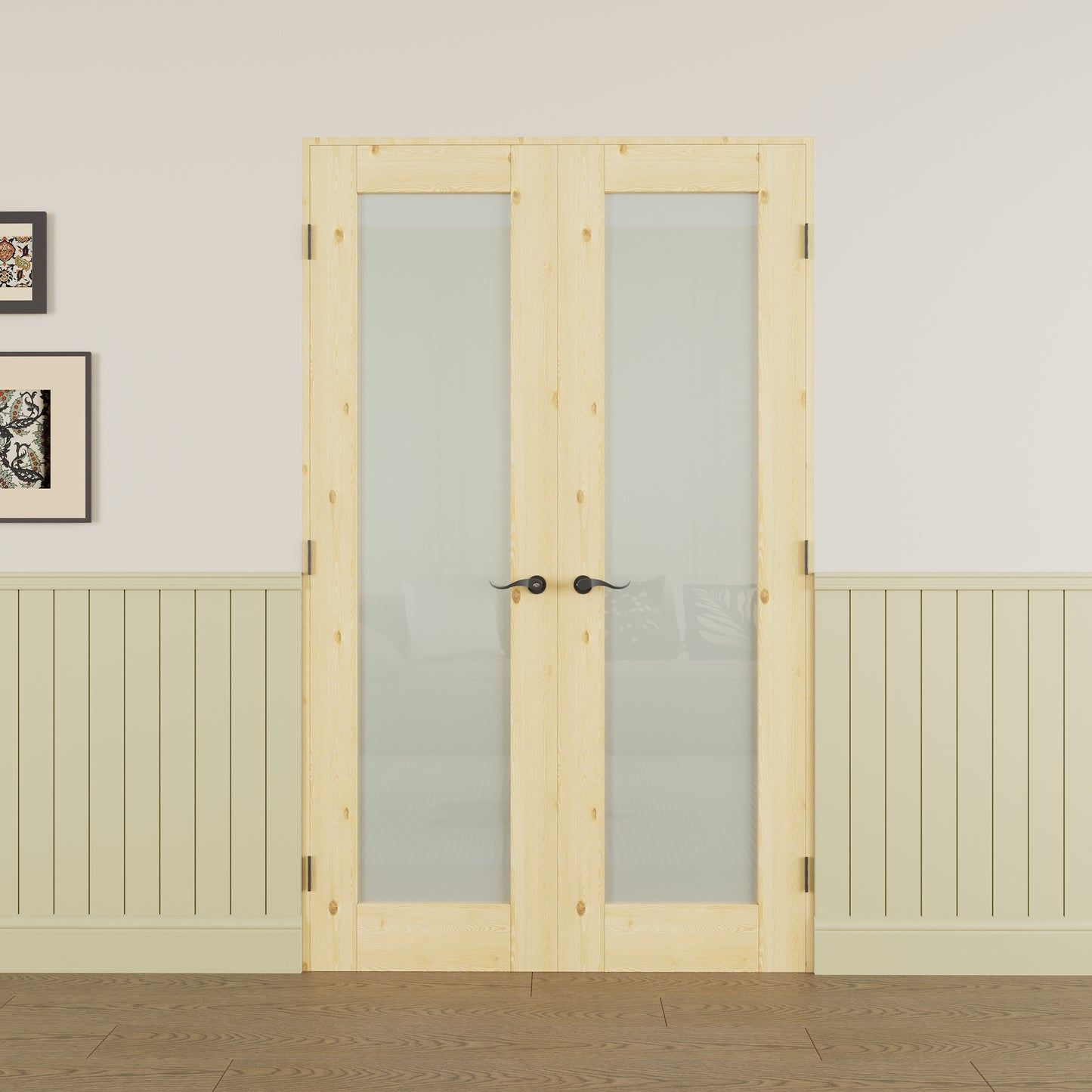 JUJUBON Prehung French Door, Tempered Frosted Glass & Pine Wood Door Slabs with Jamb, Black Hinges, 4 Levers & Latch, Solid Core Interior Doors, Unfinished Double Doors Interior