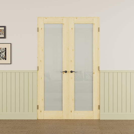 JUJUBON Prehung French Door, Tempered Frosted Glass & Pine Wood Door Slabs with Jamb, Black Hinges, 4 Levers & Latch, Solid Core Interior Doors, Unfinished Double Doors Interior