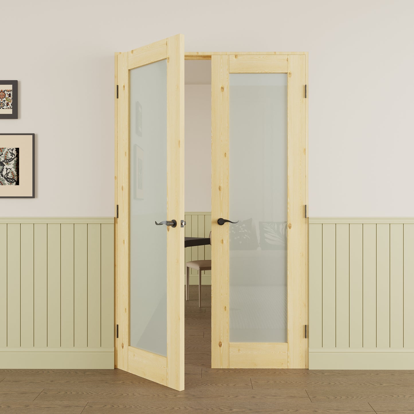 JUJUBON Prehung French Door, Tempered Frosted Glass & Pine Wood Door Slabs with Jamb, Black Hinges, 4 Levers & Latch, Solid Core Interior Doors, Unfinished Double Doors Interior