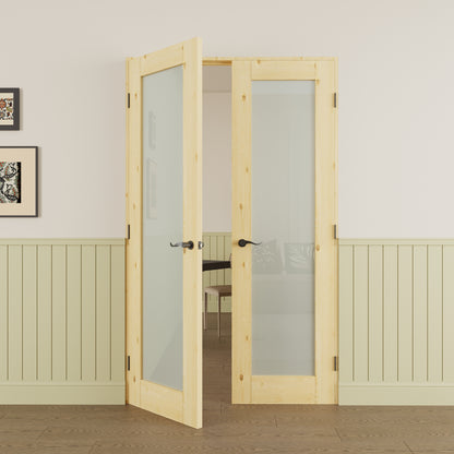 JUJUBON Prehung French Door, Tempered Frosted Glass & Pine Wood Door Slabs with Jamb, Black Hinges, 4 Levers & Latch, Solid Core Interior Doors, Unfinished Double Doors Interior