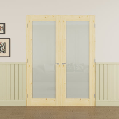 JUJUBON Prehung French Door, 1-Lite Tempered Frosted Glass & Pine Wood Panel with Sliver Handware Kits, 4 Levers & Latch, Solid Core Interior Doors, Uninished & Paintable Double Doors Interior