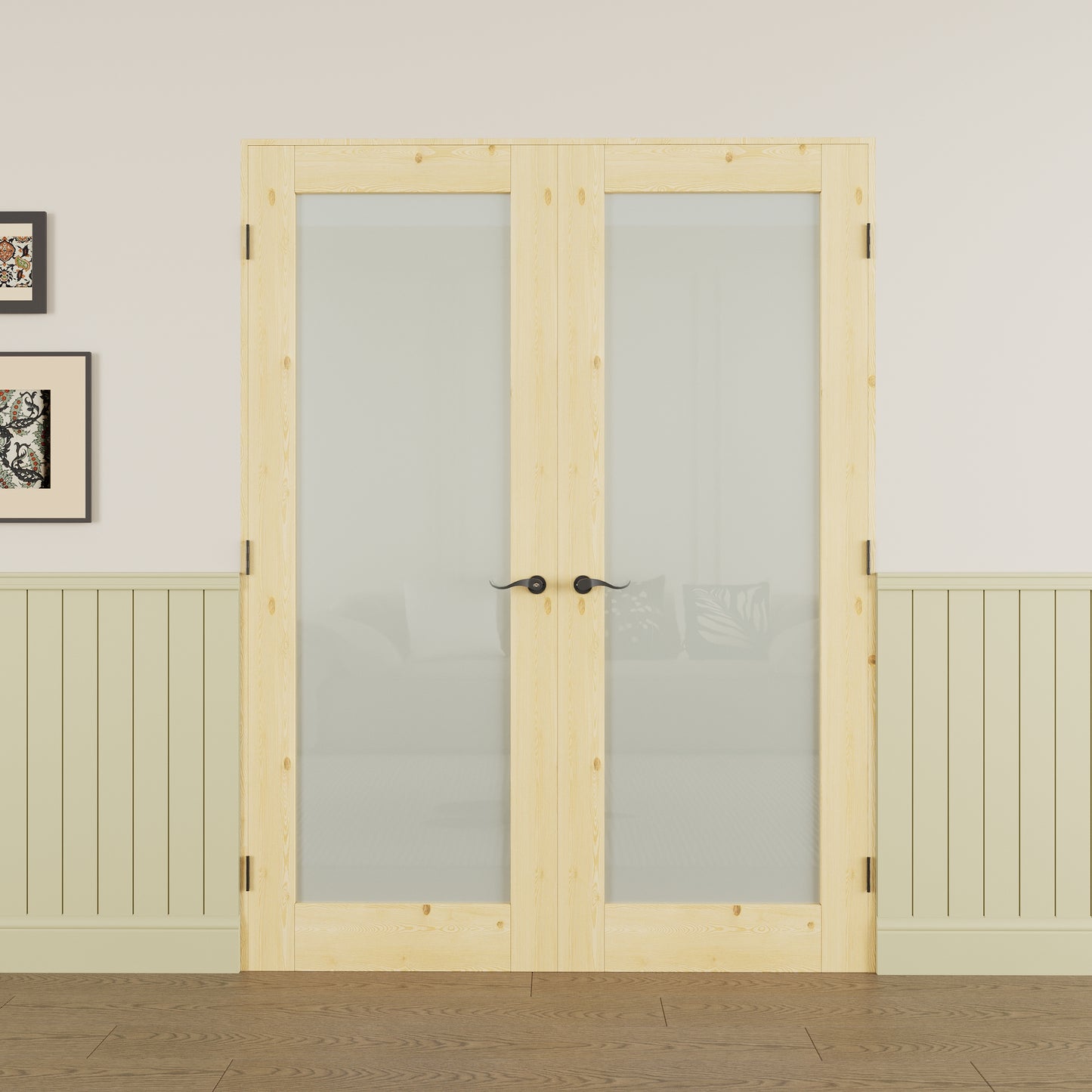 JUJUBON Prehung French Door, Tempered Frosted Glass & Pine Wood Door Slabs with Jamb, Black Hinges, 4 Levers & Latch, Solid Core Interior Doors, Unfinished Double Doors Interior