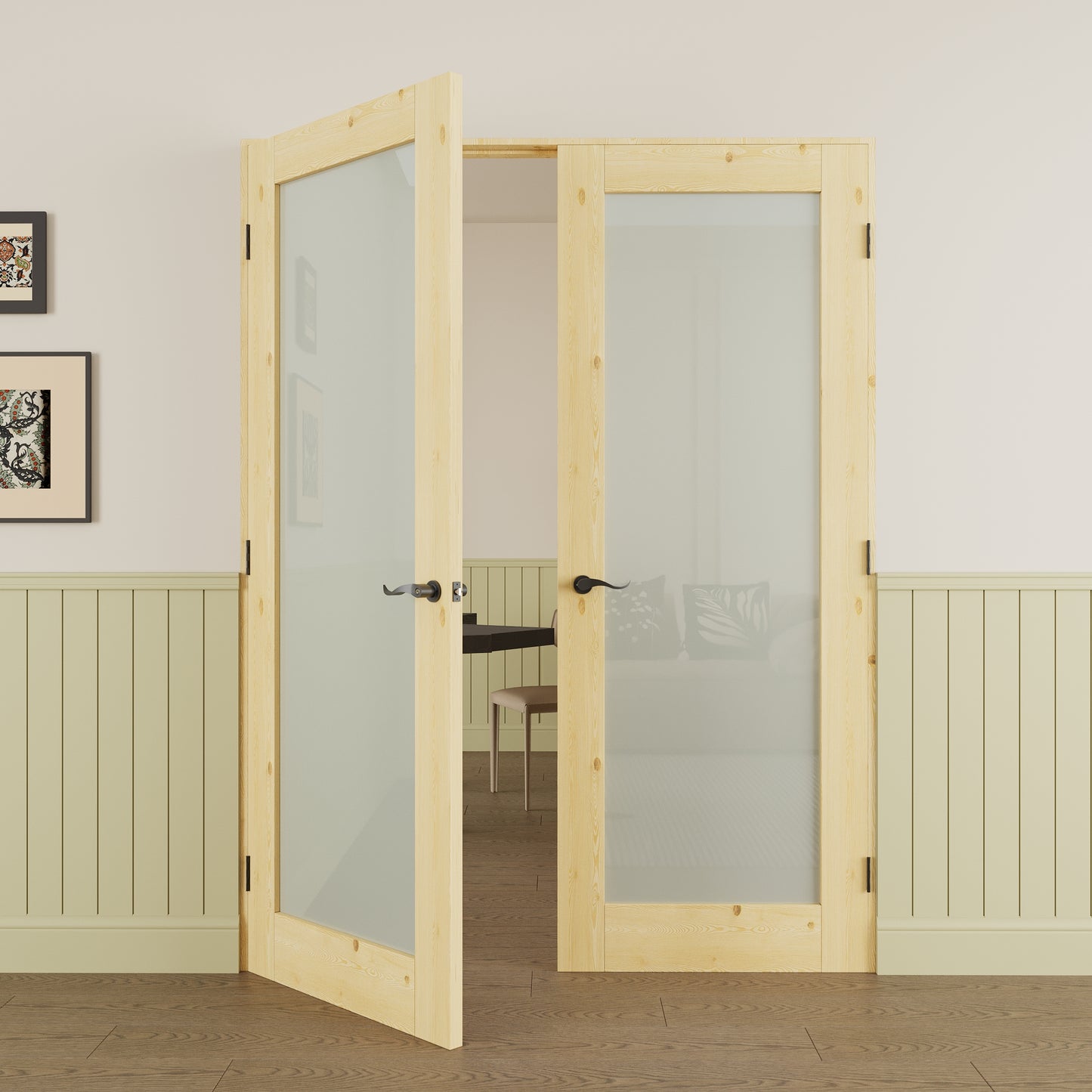 JUJUBON Prehung French Door, Tempered Frosted Glass & Pine Wood Door Slabs with Jamb, Black Hinges, 4 Levers & Latch, Solid Core Interior Doors, Unfinished Double Doors Interior