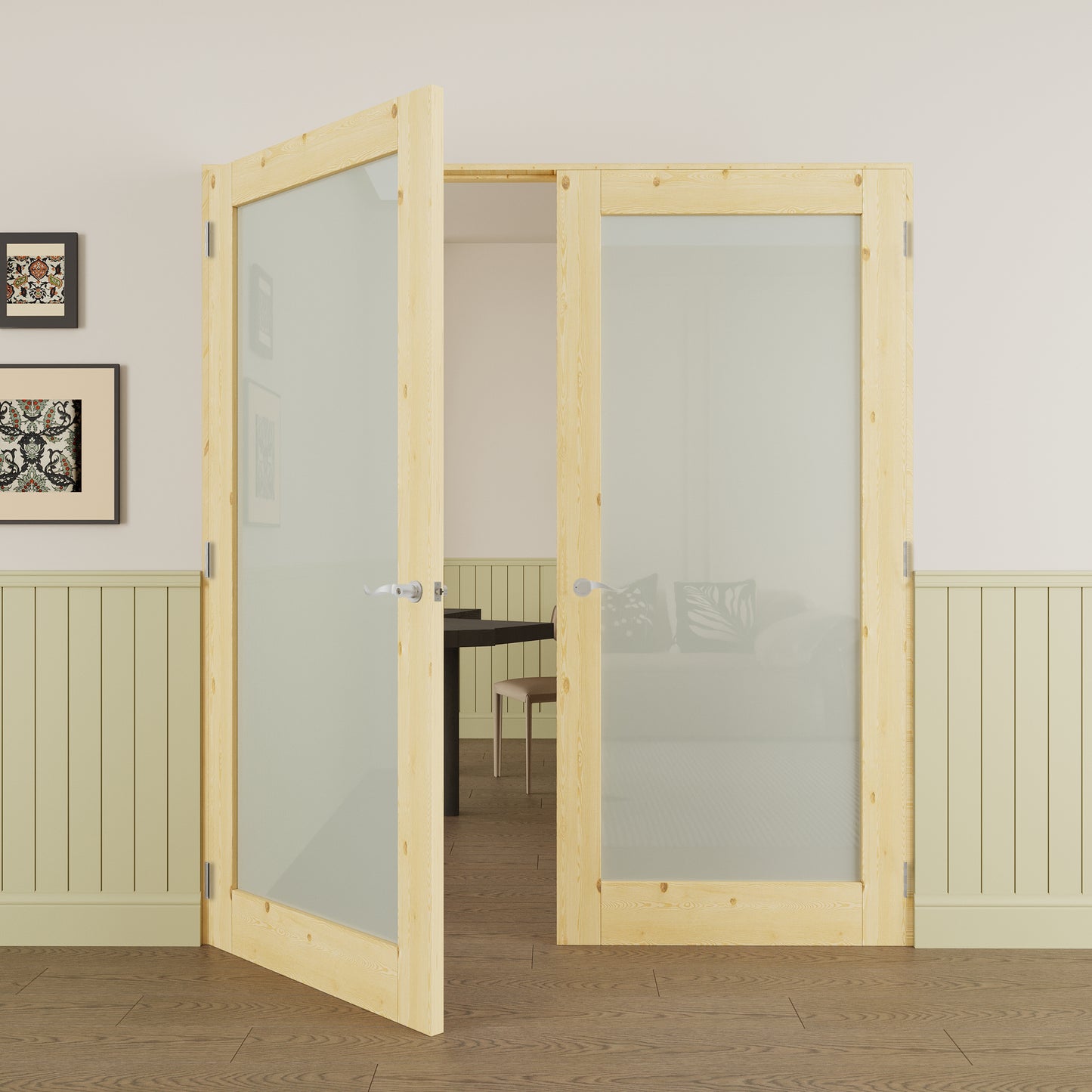 JUJUBON Prehung French Door, 1-Lite Tempered Frosted Glass & Pine Wood Panel with Sliver Handware Kits, 4 Levers & Latch, Solid Core Interior Doors, Uninished & Paintable Double Doors Interior