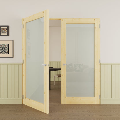 JUJUBON Prehung French Door, 1-Lite Tempered Frosted Glass & Pine Wood Panel with Sliver Handware Kits, 4 Levers & Latch, Solid Core Interior Doors, Uninished & Paintable Double Doors Interior