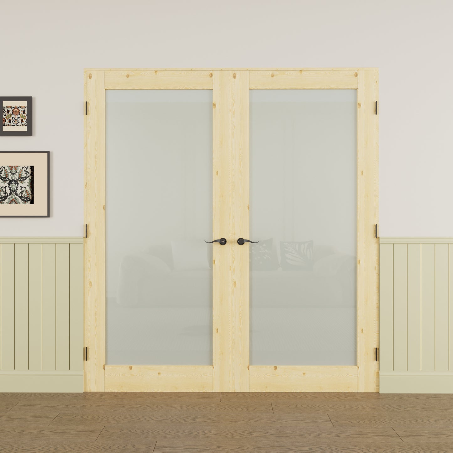 JUJUBON Prehung French Door, Tempered Frosted Glass & Pine Wood Door Slabs with Jamb, Black Hinges, 4 Levers & Latch, Solid Core Interior Doors, Unfinished Double Doors Interior