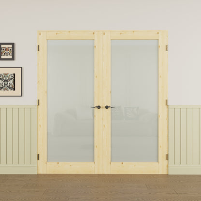 JUJUBON Prehung French Door, Tempered Frosted Glass & Pine Wood Door Slabs with Jamb, Black Hinges, 4 Levers & Latch, Solid Core Interior Doors, Unfinished Double Doors Interior