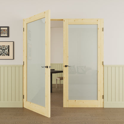 JUJUBON Prehung French Door, Tempered Frosted Glass & Pine Wood Door Slabs with Jamb, Black Hinges, 4 Levers & Latch, Solid Core Interior Doors, Unfinished Double Doors Interior
