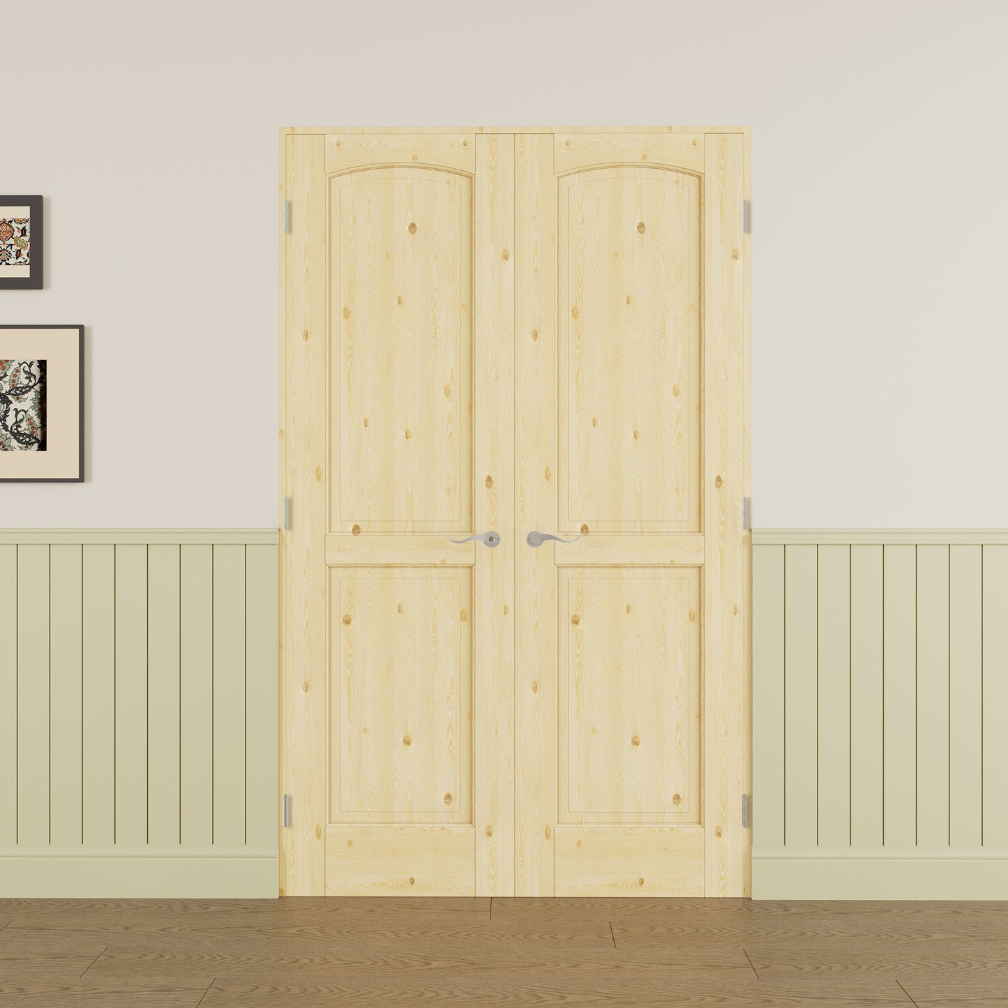 JUJUBON Prehung French Door, 2-Lite Pine Wood Panel with Sliver Handware Kits, 4 Levers & Latch, Solid Core Interior Doors, Uninished & Paintable Double Doors Interior