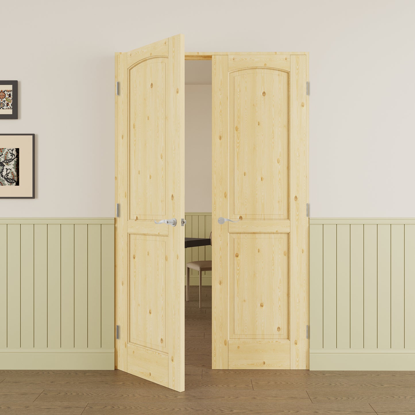 JUJUBON Prehung French Door, 2-Lite Pine Wood Panel with Sliver Handware Kits, 4 Levers & Latch, Solid Core Interior Doors, Uninished & Paintable Double Doors Interior