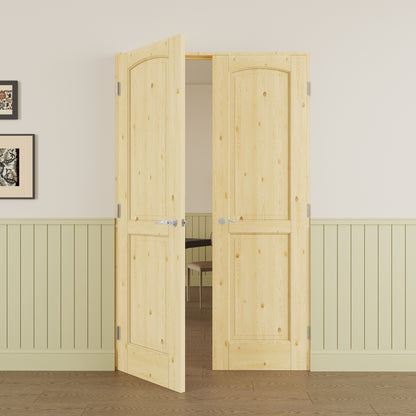 JUJUBON Prehung French Door, 2-Lite Pine Wood Panel with Sliver Handware Kits, 4 Levers & Latch, Solid Core Interior Doors, Uninished & Paintable Double Doors Interior