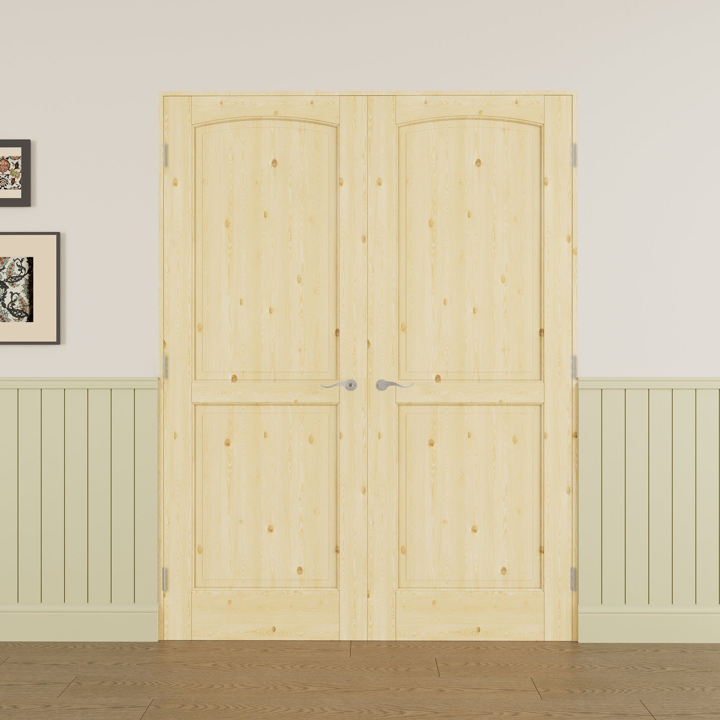 JUJUBON Prehung French Door, 2-Lite Pine Wood Panel with Sliver Handware Kits, 4 Levers & Latch, Solid Core Interior Doors, Uninished & Paintable Double Doors Interior