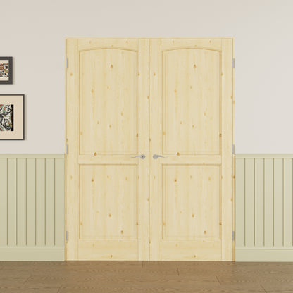 JUJUBON Prehung French Door, 2-Lite Pine Wood Panel with Sliver Handware Kits, 4 Levers & Latch, Solid Core Interior Doors, Uninished & Paintable Double Doors Interior