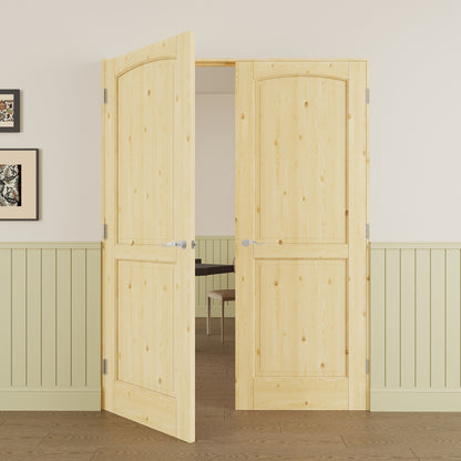JUJUBON Prehung French Door, 2-Lite Pine Wood Panel with Sliver Handware Kits, 4 Levers & Latch, Solid Core Interior Doors, Uninished & Paintable Double Doors Interior