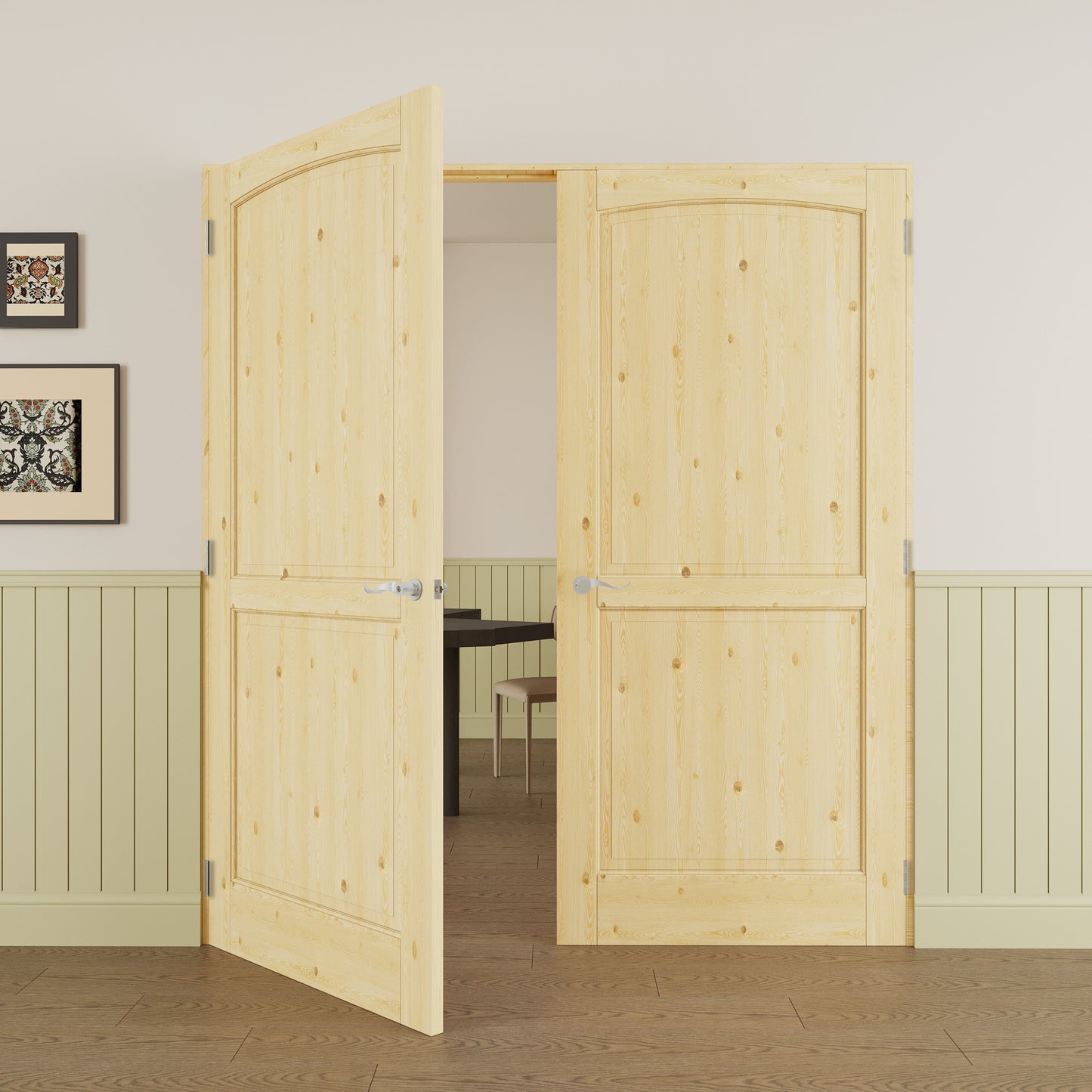JUJUBON Prehung French Door, 2-Lite Pine Wood Panel with Sliver Handware Kits, 4 Levers & Latch, Solid Core Interior Doors, Uninished & Paintable Double Doors Interior