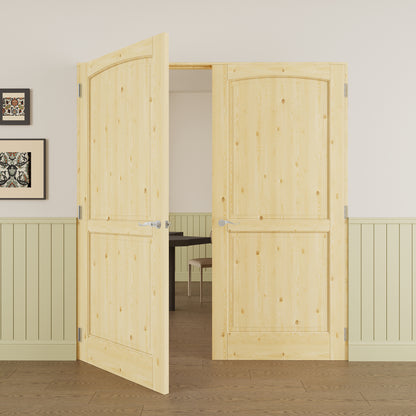 JUJUBON Prehung French Door, 2-Lite Pine Wood Panel with Sliver Handware Kits, 4 Levers & Latch, Solid Core Interior Doors, Uninished & Paintable Double Doors Interior