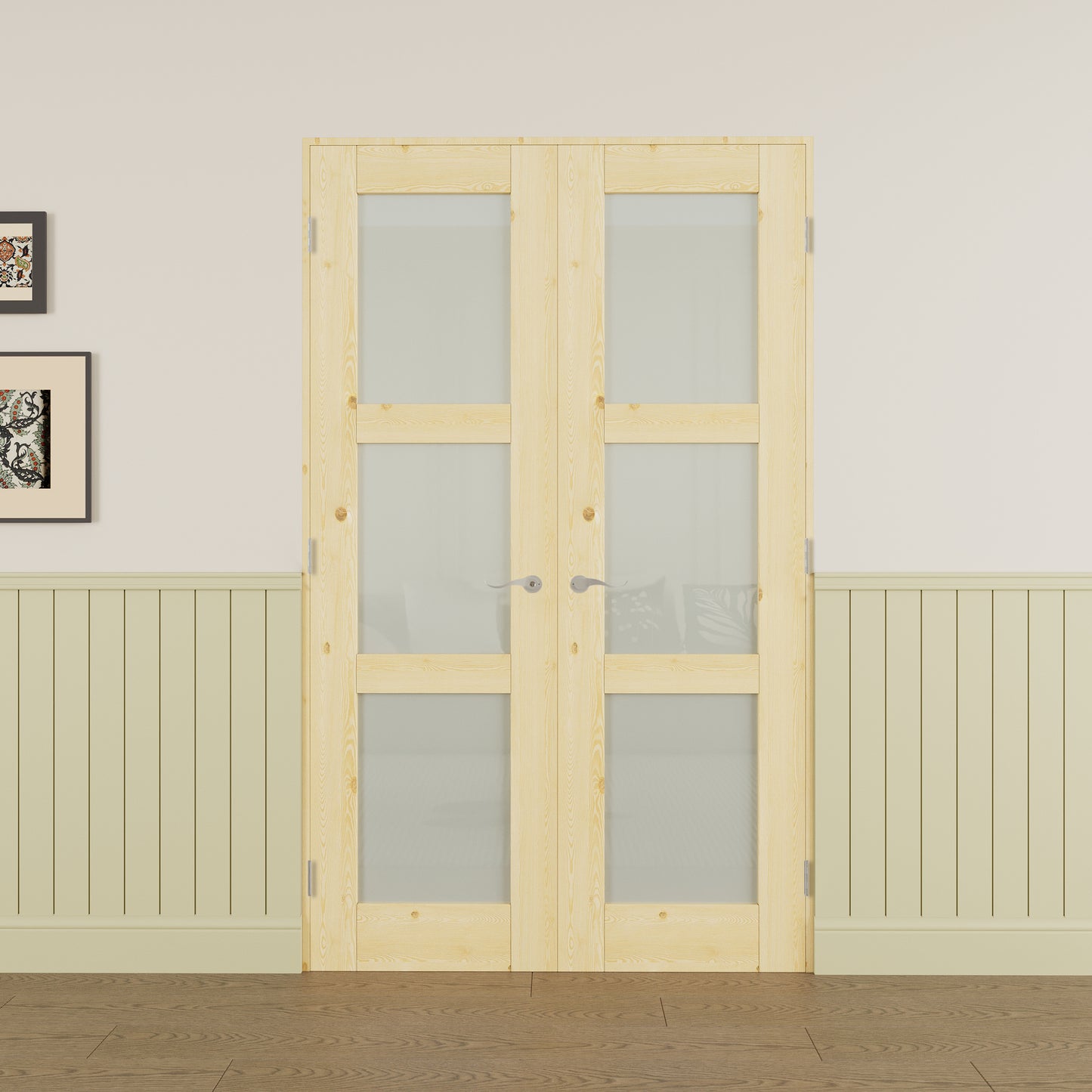 JUJUBON Prehung French Door, 3-Lite Tempered Frosted Glass & Pine Wood Panel with Sliver Handware Kits, 4 Levers & Latch, Solid Core Interior Doors, Uninished & Paintable Double Doors Interior